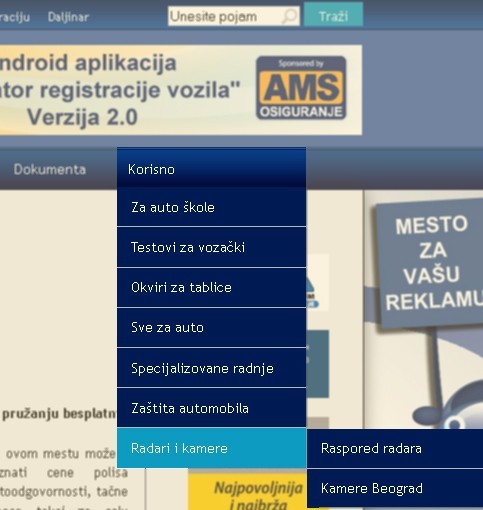 menu korisno na sajtu registracija vozila